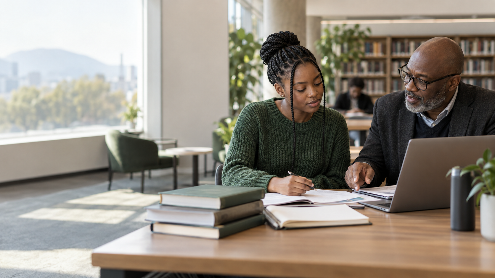 University student and career mentor reviewing an education plan