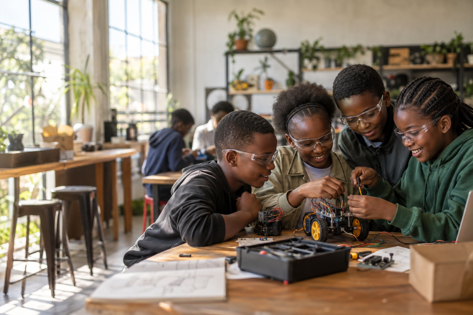 Young women collaborating in a hands-on STEM activity